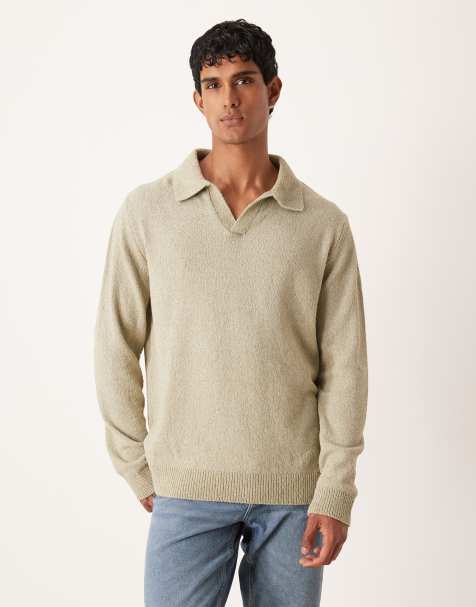 ASOS DESIGN relaxed textured long sleeve knitted notch neck polo in sage green - view 1