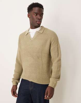 relaxed textured notch neck polo sweater in sage green