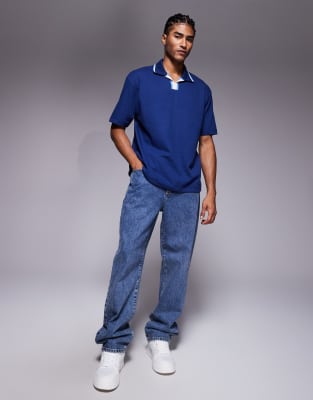 Asos Design Relaxed Textured Polo Shirt With Contrast Collar In Blue