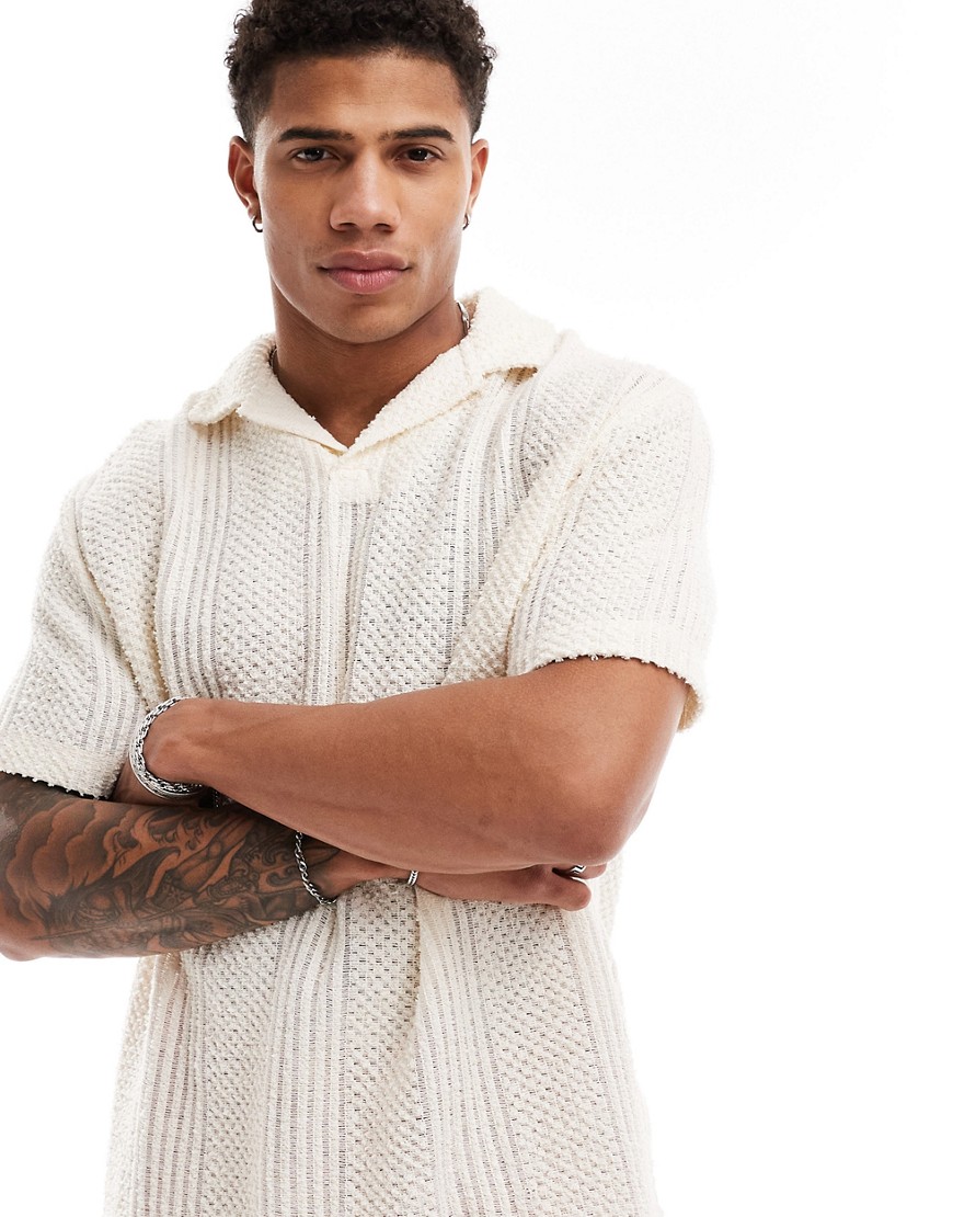 Asos Design Relaxed Textured Polo With Revere Neck In Cream-white