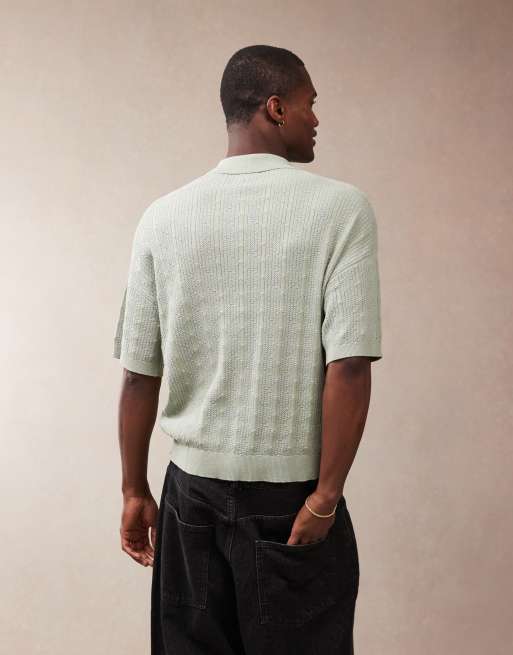 ASOS DESIGN relaxed textured quarter zip knitted polo in sage green, 3 of 4