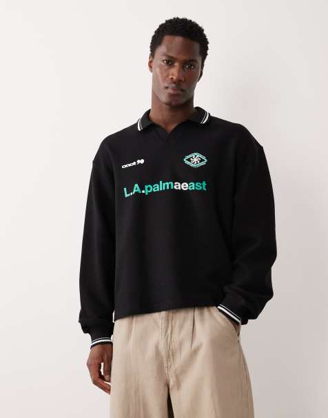 ASOS DESIGN relaxed textured rugby polo sweatshirt with graphic in black - view 1