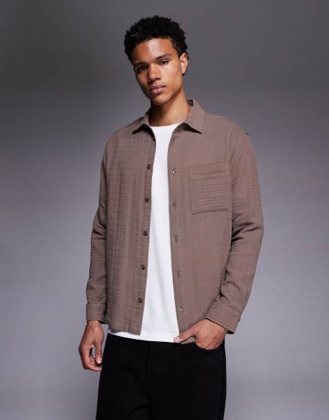 ASOS DESIGN relaxed textured shirt in brown - view 1
