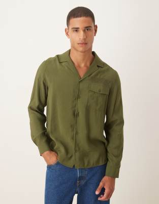 Asos Design Relaxed Textured Shirt With Embroidery In Green