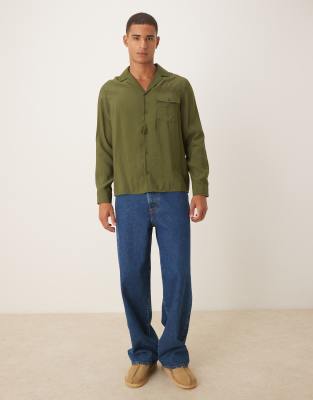 Asos Design Relaxed Textured Shirt With Embroidery In Green