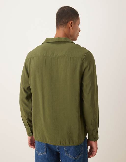 ASOS DESIGN relaxed textured shirt with embroidery in khaki , 3 of 5