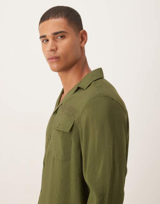 ASOS DESIGN relaxed textured shirt with embroidery in khaki , 4 of 5