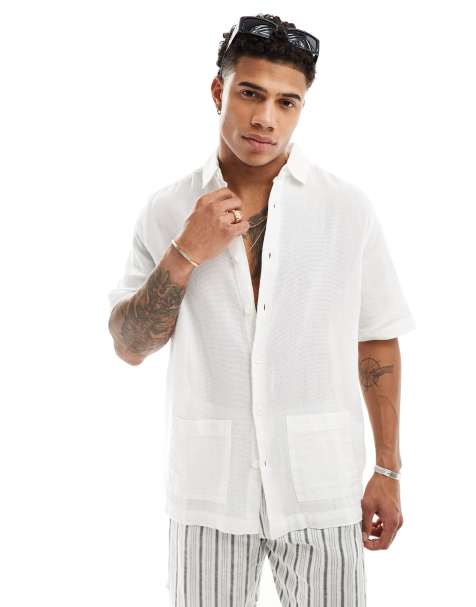 ASOS DESIGN relaxed textured shirt with patch pockets in white - view 1