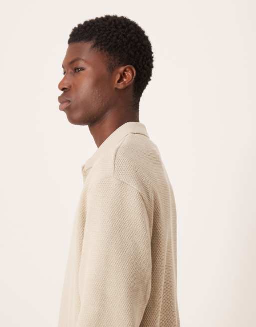 ASOS DESIGN relaxed textured sweatshirt with camp collar in beige - part of a set, 4 of 5