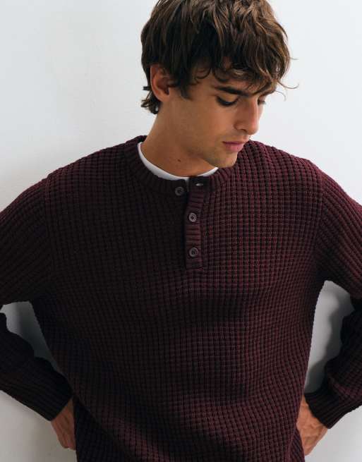 ASOS DESIGN relaxed textured waffle henley in burgundy, 5 of 5