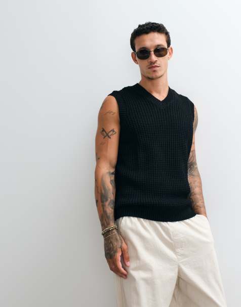 ASOS DESIGN relaxed textured waffle knit singlet in black - view 1