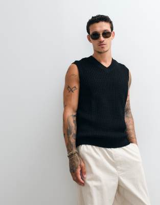 Asos Design Relaxed Textured Waffle Knit Vest In Black