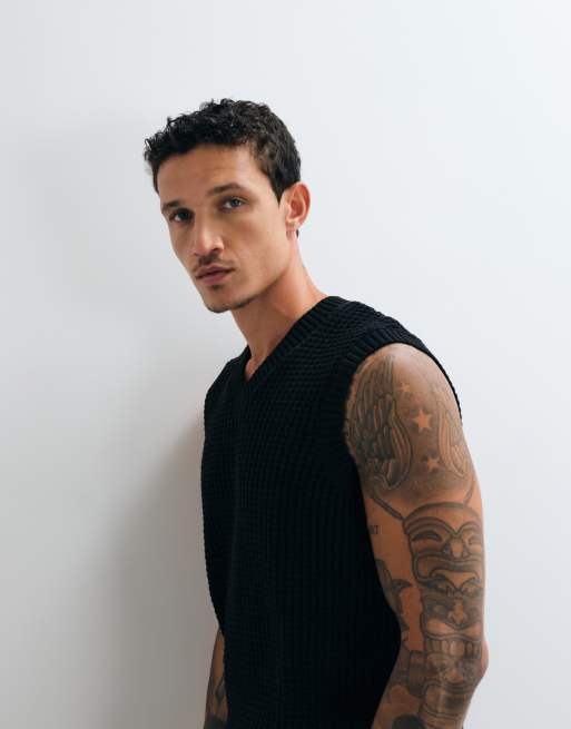 ASOS DESIGN relaxed textured waffle knit vest in black, 3 of 5