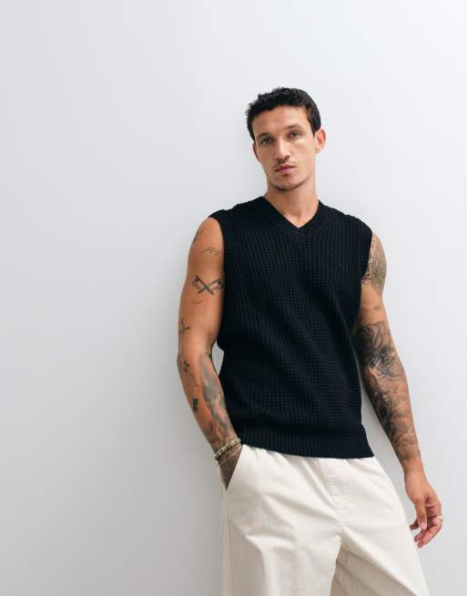ASOS DESIGN relaxed textured waffle knit vest in black, 4 of 5