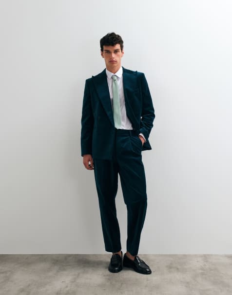 ASOS DESIGN relaxed toelopende pantalon met plooien aan de voorkant in donkerteal katoenfluweel - view 1