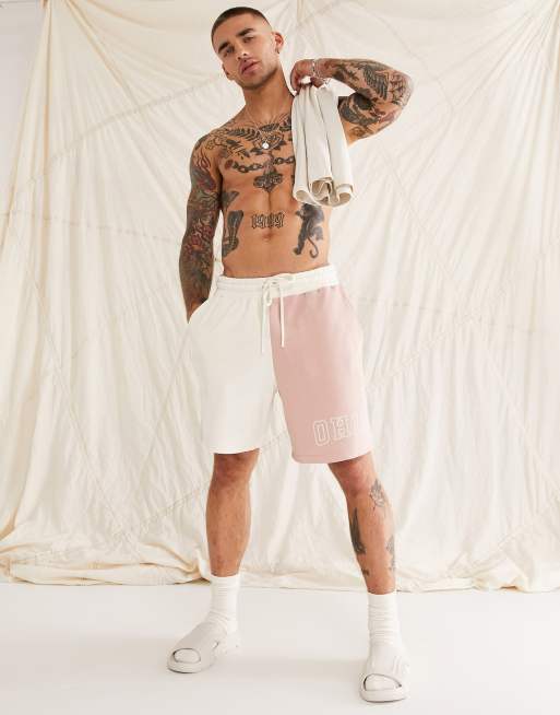 ASOS DESIGN relaxed towelling short in beige and pink colour block