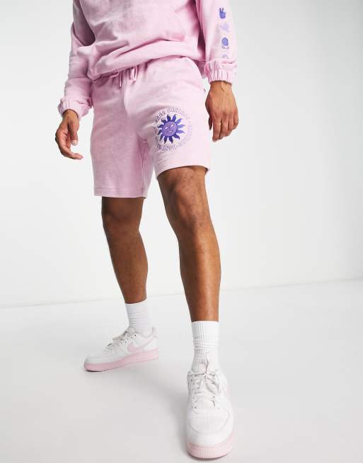 ASOS DESIGN relaxed towelling short with embroidery detail in pink, 3 of 4