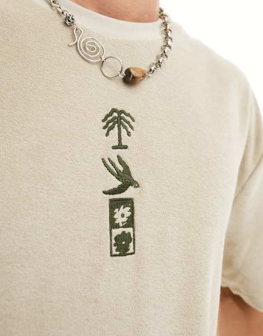 ASOS DESIGN relaxed towelling t-shirt with chest embroidery in beige, 3 of 4