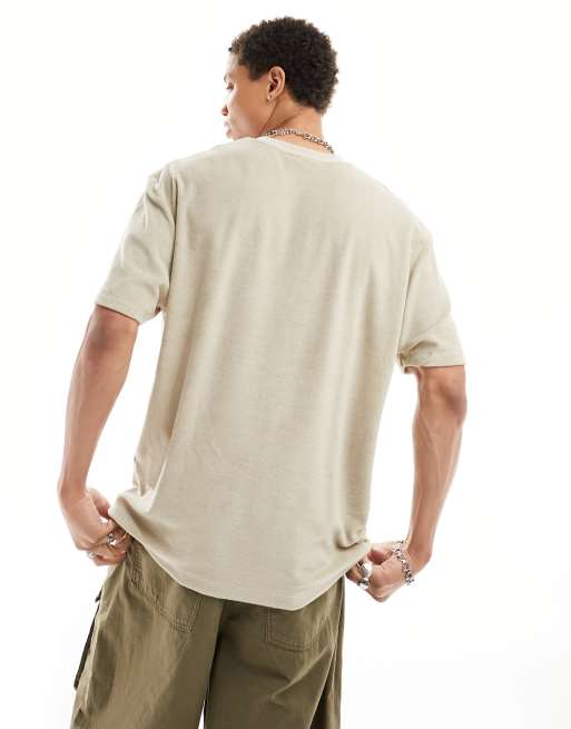 ASOS DESIGN relaxed towelling t-shirt with chest embroidery in beige, 4 of 4