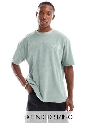 Buy ASOS DESIGN relaxed towelling t shirt with NYC emboridery Green in Mauritius discount voucher