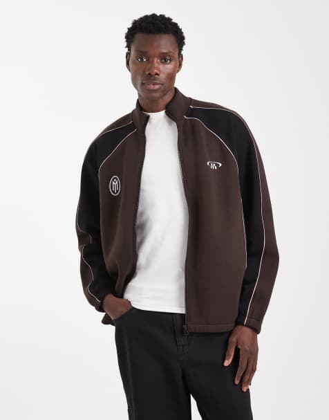 ASOS DESIGN relaxed track jacket with cut & sew panels and print in brown - view 1