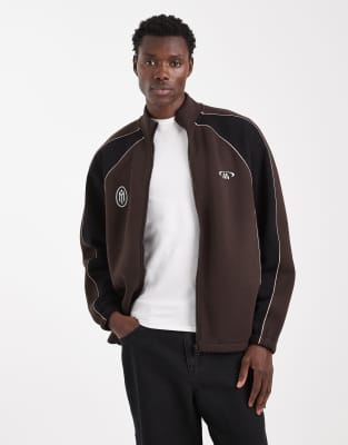 Asos Design Relaxed Track Jacket With Cut & Sew Panels And Prints In Brown