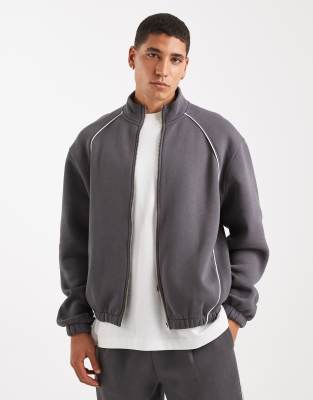 ASOS DESIGN relaxed track jacket with piping in charcoal-Grey