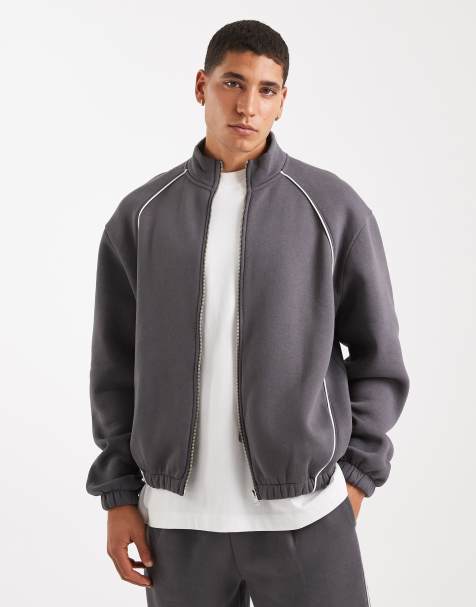 ASOS DESIGN relaxed track jacket with piping in charcoal - view 1