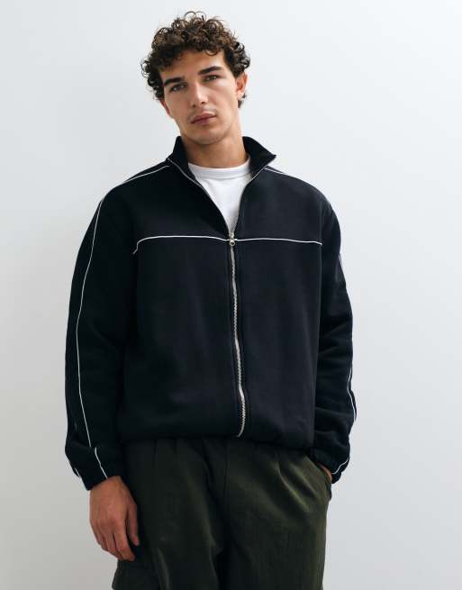 ASOS DESIGN relaxed track zip through w/ piping tracksuit in black poly cotton co, 2 of 5