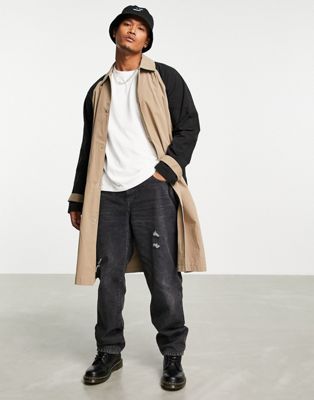 ASOS DESIGN relaxed trench coat with contrast sleeves in stone - ASOS Price Checker