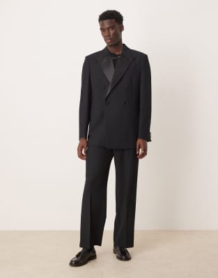 Asos Design Relaxed Tuxedo Suit Jacket In Black Linen Look