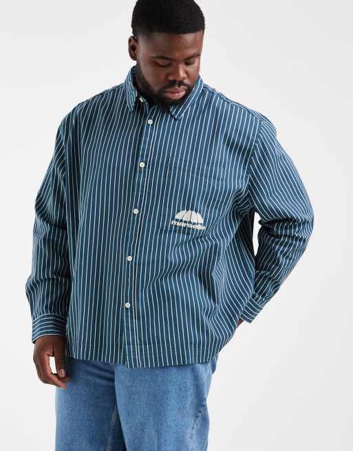 ASOS DESIGN relaxed twill striped shirt with chest embroidery in blue, 2 of 5