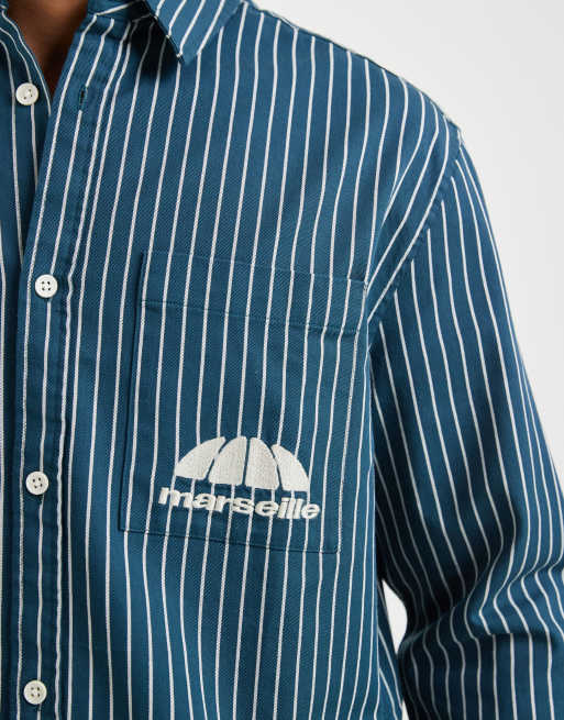 ASOS DESIGN relaxed twill striped shirt with chest embroidery in blue, 3 of 5
