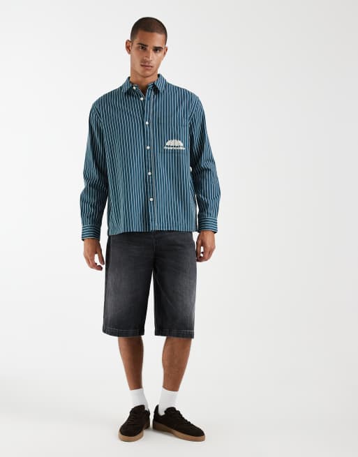 ASOS DESIGN relaxed twill striped shirt with chest embroidery in blue, 4 of 5
