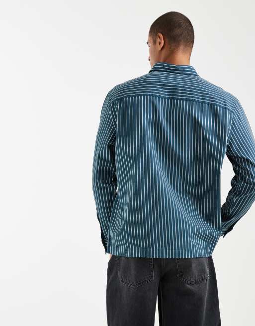 ASOS DESIGN relaxed twill striped shirt with chest embroidery in blue, 5 of 5