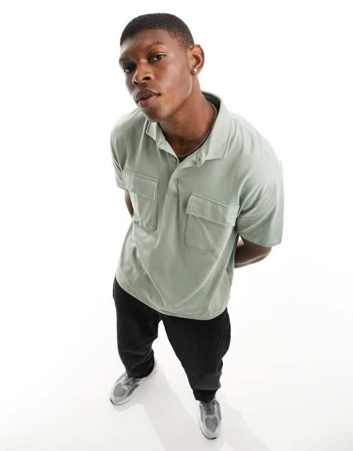 ASOS DESIGN relaxed  utility polo in washed khaki 
