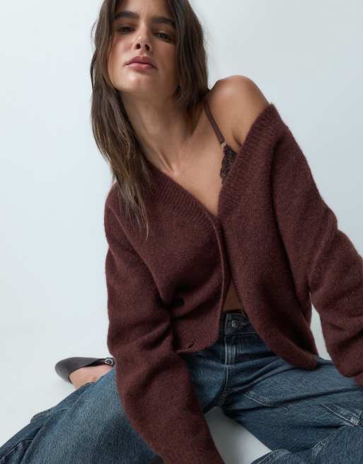 ASOS DESIGN relaxed v neck cardigan with wool in chocolate, 4 of 4