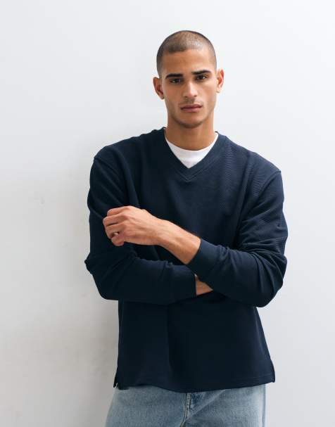 ASOS DESIGN relaxed v neck jaquard fabric sweatshirt in navy - view 1