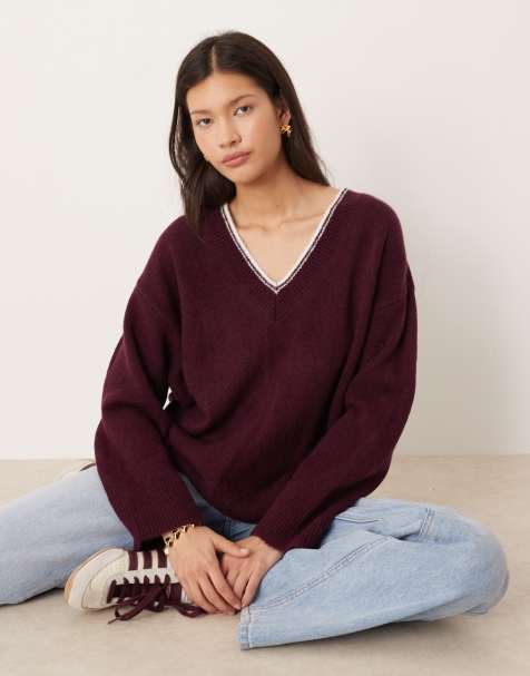 ASOS DESIGN relaxed v neck jumper with contrast tipping in plum - view 1