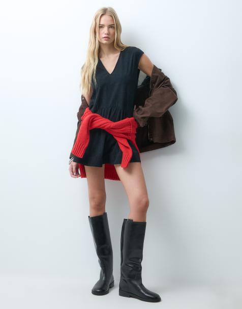 ASOS DESIGN relaxed v neck mini dress with dropped waist in cord in black - view 1