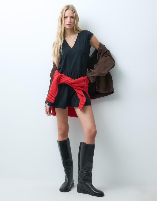 asos black v neck dress DESIGN relaxed mini with dropped waist in cord in long sleeves with fitted style_code:355804 She Isn't Chasing The Size:48/RE