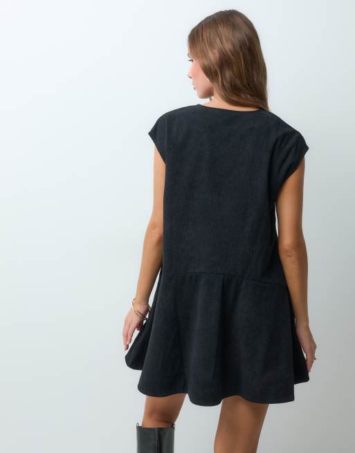 ASOS DESIGN relaxed v neck mini dress with dropped waist in cord in black, 4 of 4