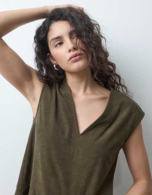 ASOS DESIGN relaxed v neck mini dress with dropped waist in cord in olive, 2 of 4