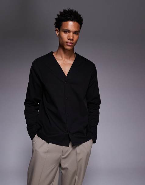 ASOS DESIGN relaxed v-neck slinky shirt in black - view 1