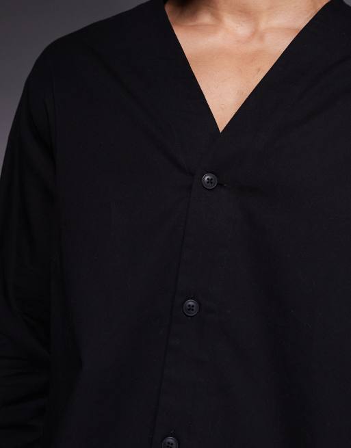 ASOS DESIGN relaxed v-neck slinky shirt in black, 5 of 5