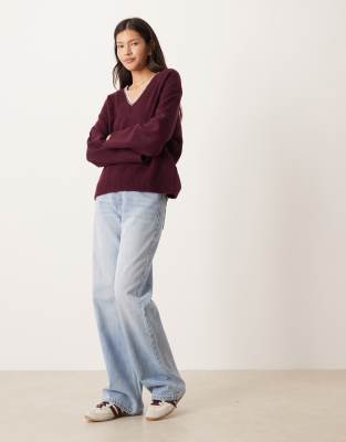Asos Design Relaxed V-neck Sweater With Contrast Tipping In Burgundy