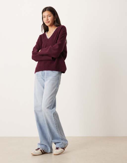 ASOS DESIGN relaxed v-neck sweater with contrast tipping in plum, 2 of 4