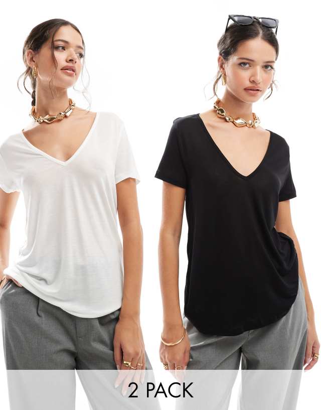 ASOS DESIGN relaxed v neck t-shirt in 2 pack in black and white