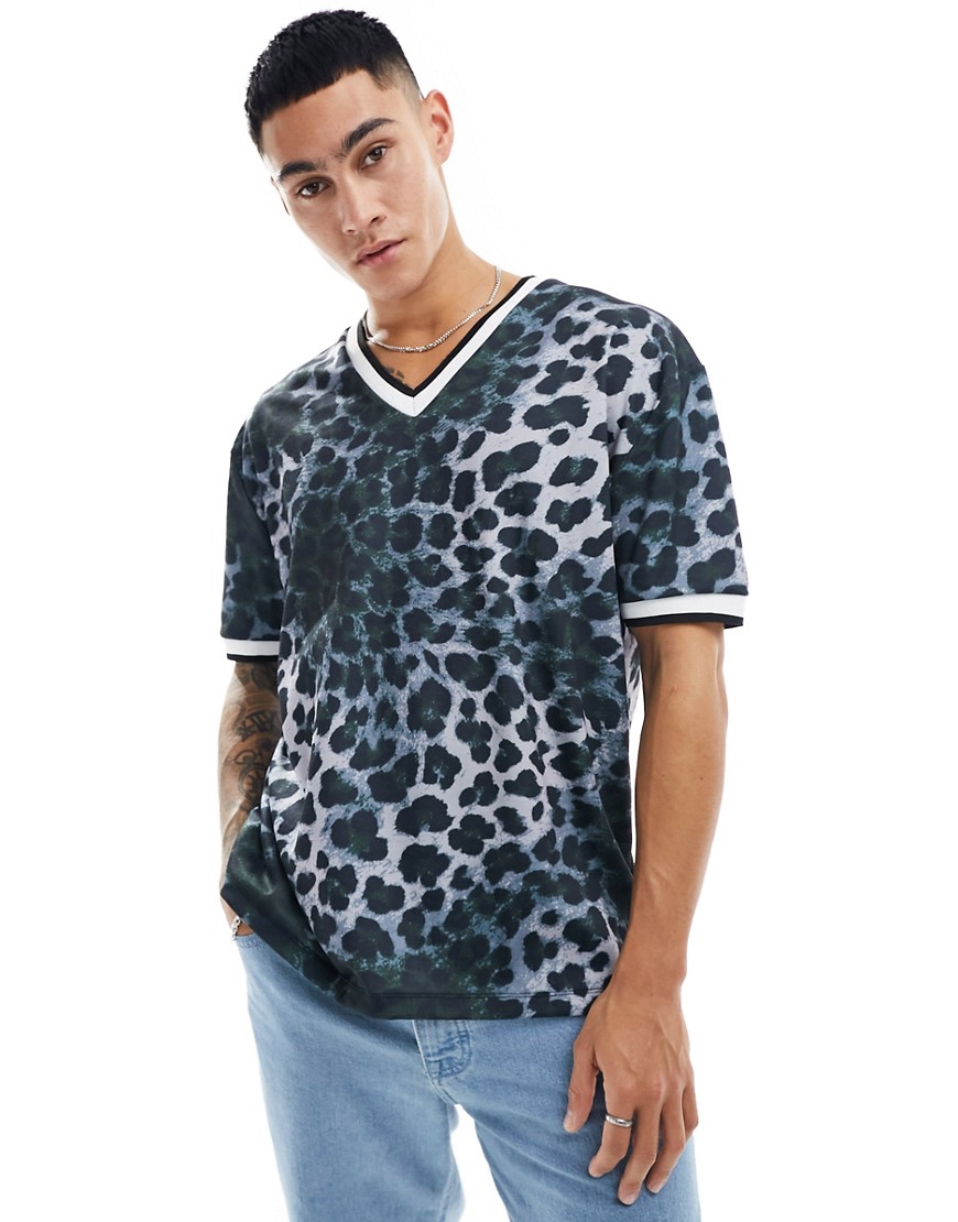 ASOS DESIGN relaxed v-neck t-shirt in leopard print with front chest print-Multi
