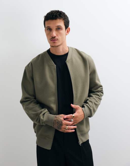 ASOS DESIGN relaxed v neck zip through with pique in khaki , 2 of 5